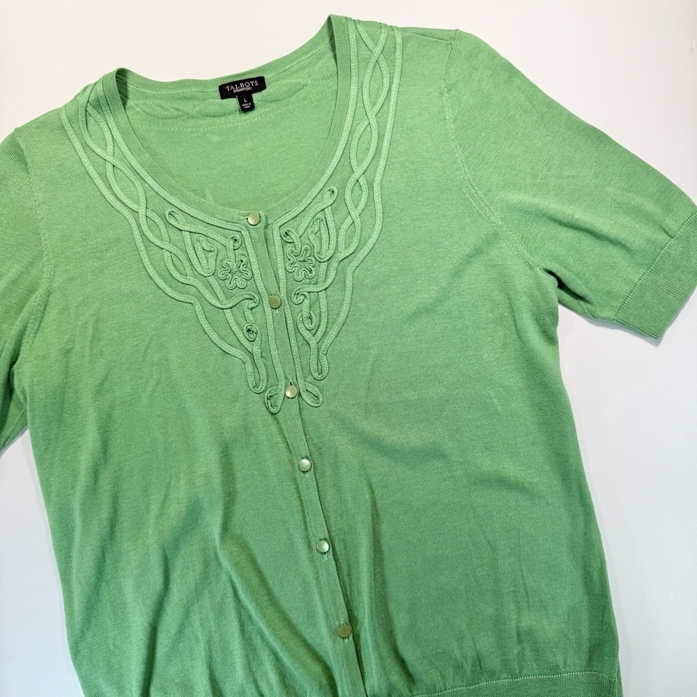 Talbots‎ Green Short Sleeve Button Cardigan L Embellished Silk Cotton Old Money